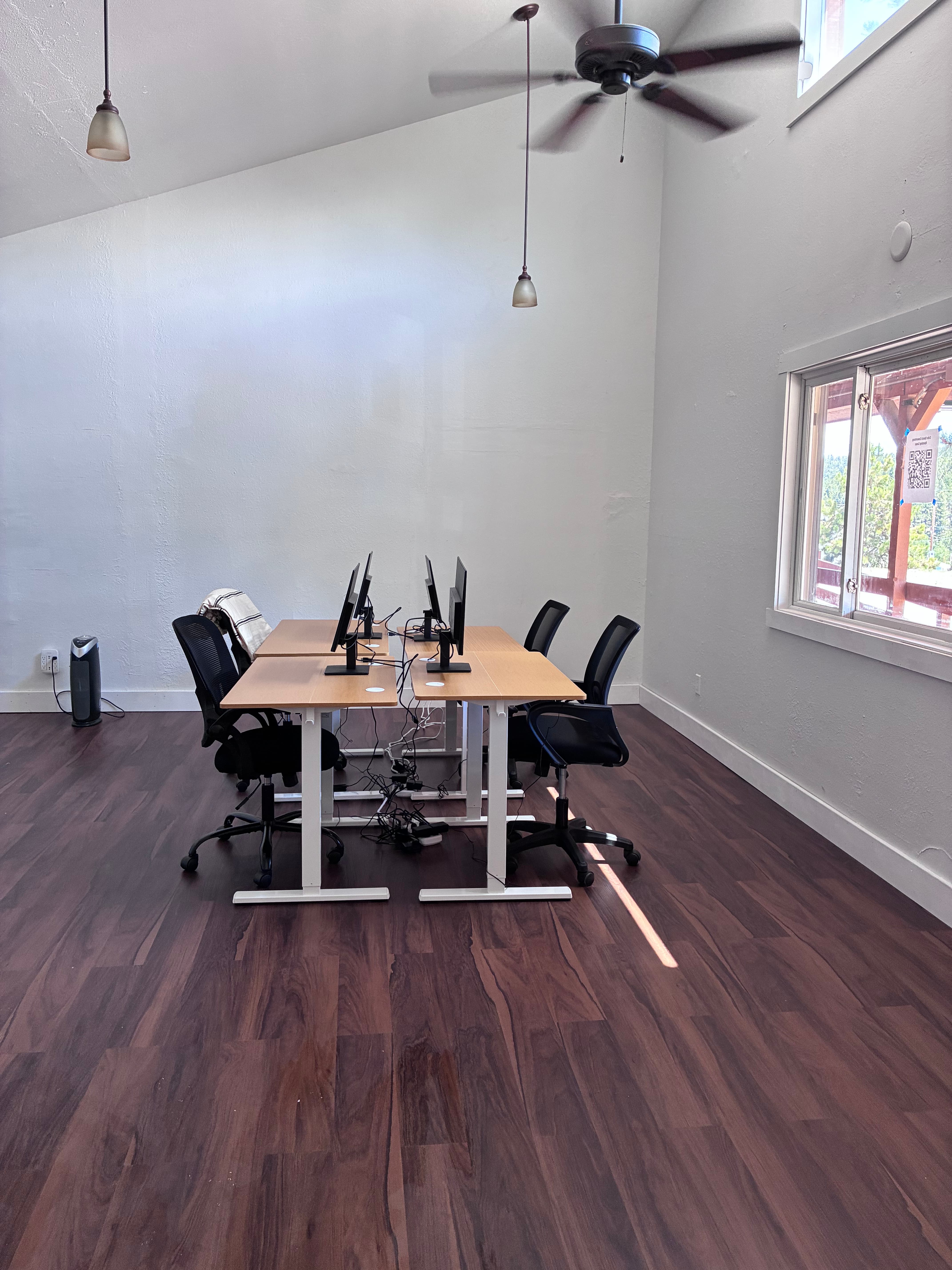 Bright coworking desks with sit-stand workstations and pine forest views through large windows